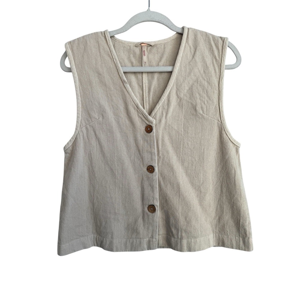 Free People So Fresh Vest Button Up Sleeveless Top Womens XS‎ Beige Boho